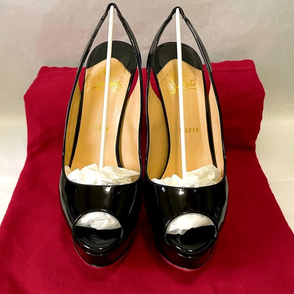 Christian Louboutin “Lady peep” sling peeptoe pumps 150mm Blk patent lthr EU37